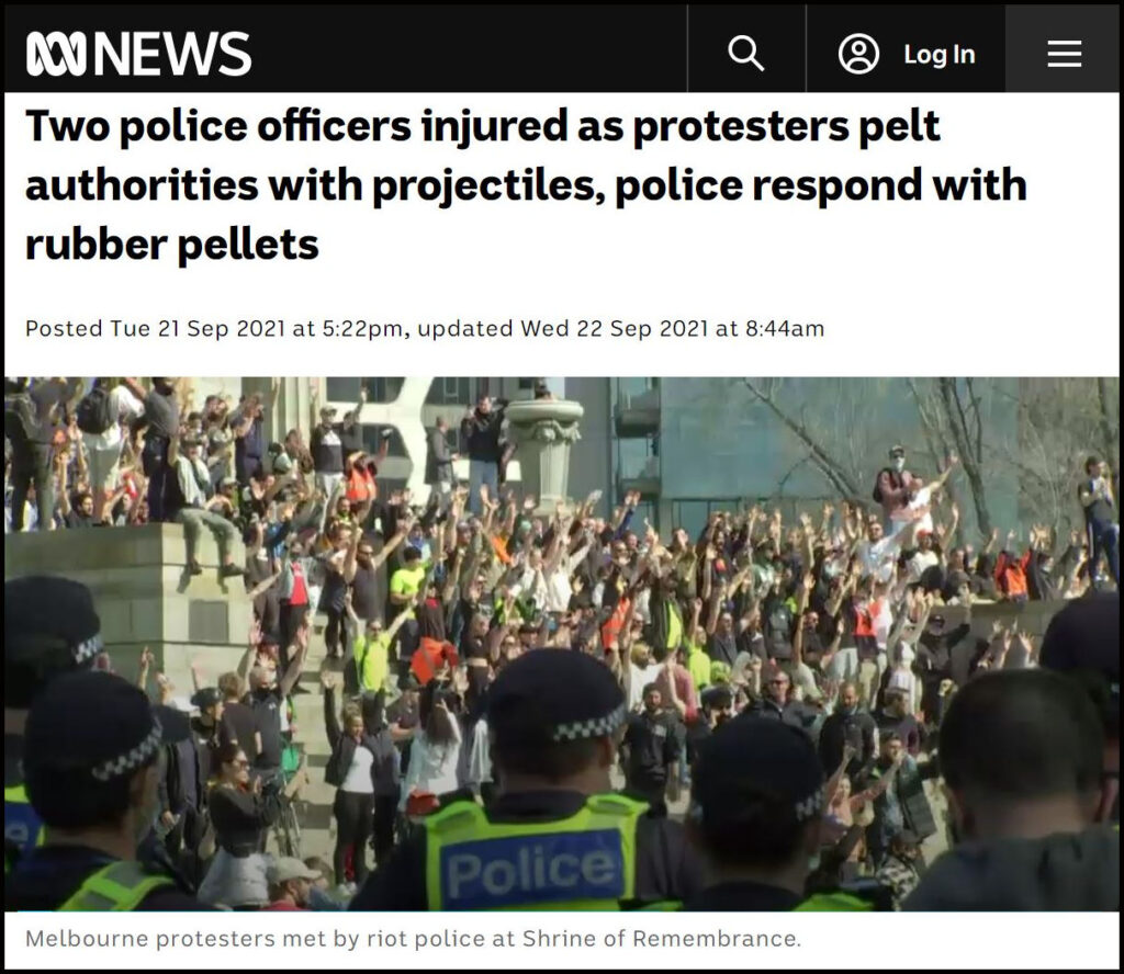 ABC.Net.au.Two police officers injured as protesters pelt authorities with projectiles, police respond with rubber pellets