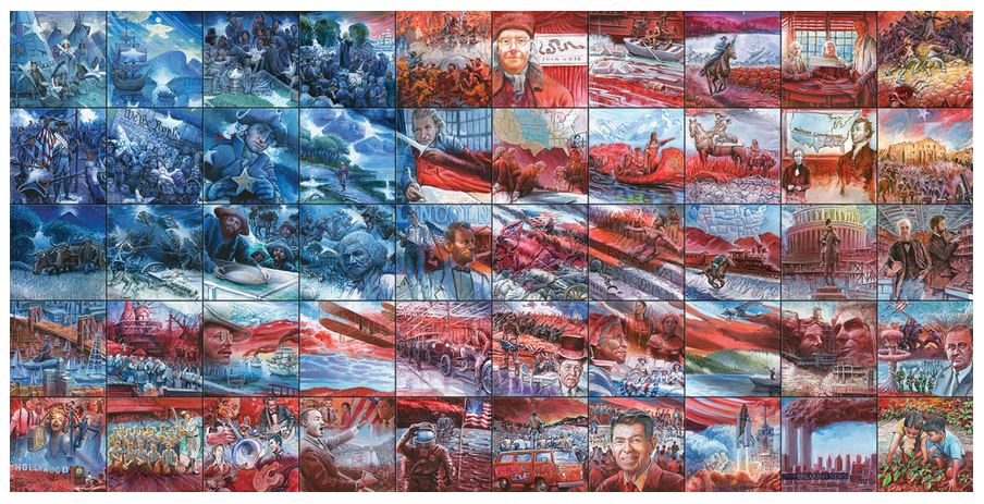 Police policy analogy. 50 American history paintings by artist Lewis Lavoie comprising one American flag image.